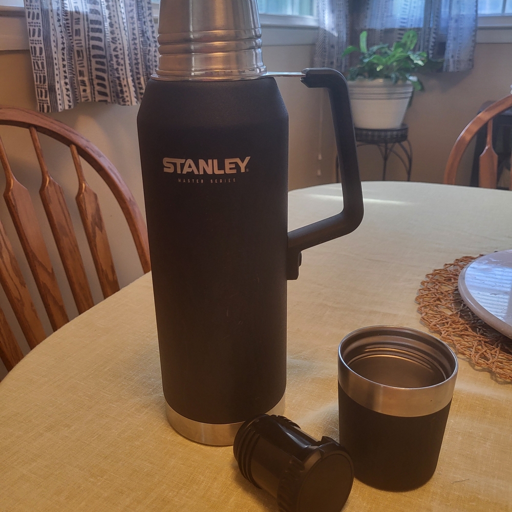 Vintage Stanley Black and Silver Thermos with Cup